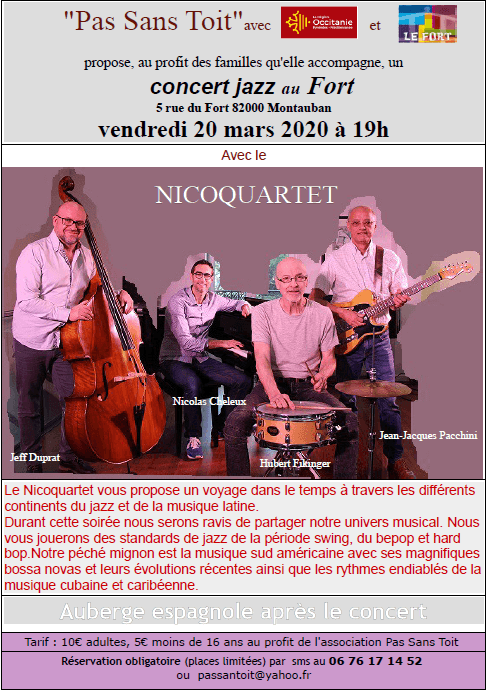 NICOQUARTET conert de soutien Le FOrt PAS SANS TOIT montauban concert spectacle